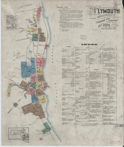 Sanborn Fire Insurance Map from Plymouth, Plymouth County, Massachusetts (1919), Sheet #0001 - Historic Sanborn Fire Insurance Map Print, vintage old map wall art, antique decor, genealogy gift, Massachusetts Massachusetts map