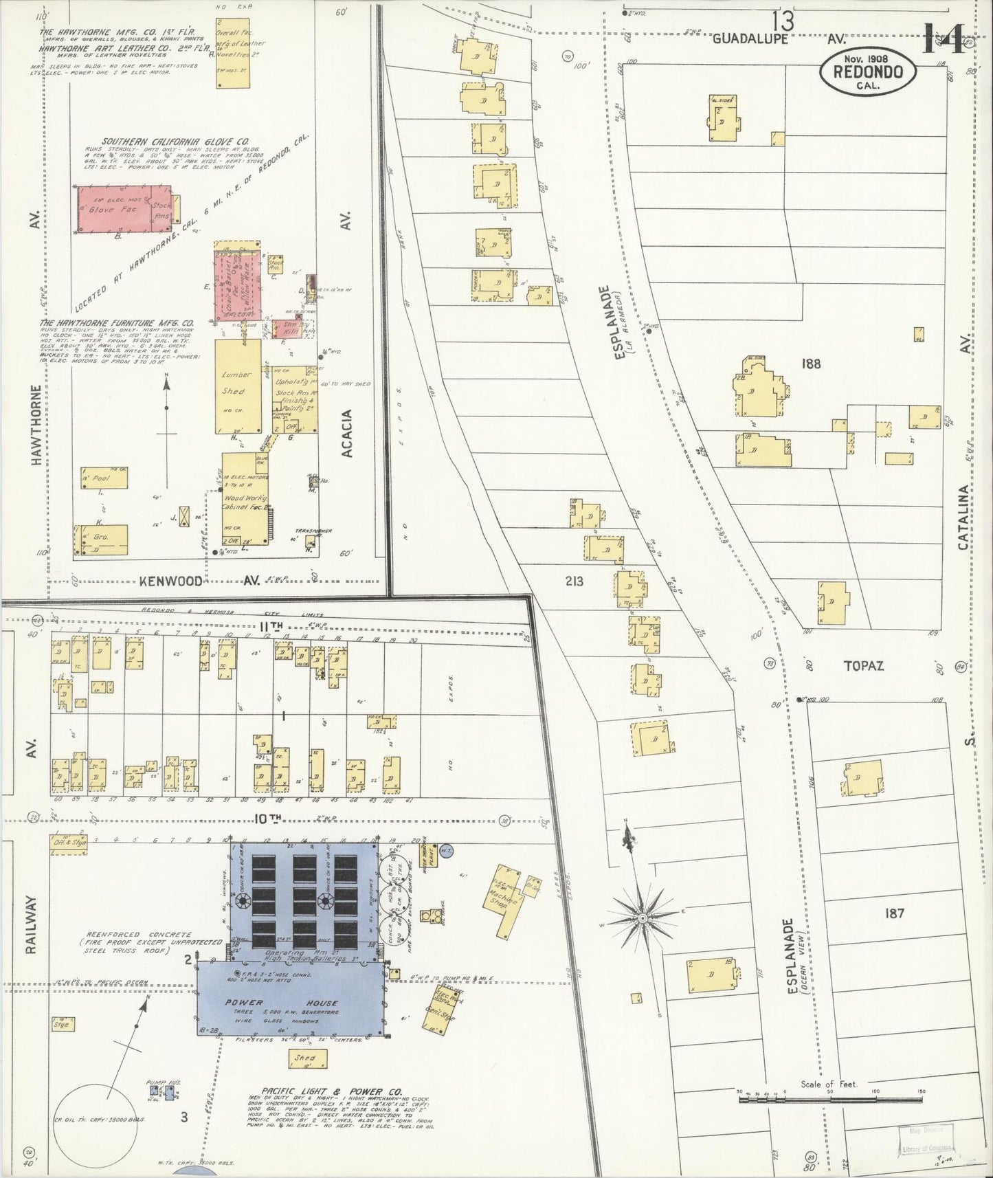 Sanborn Fire Insurance Map from Redondo Beach, Los Angeles County, California (1908), Sheet #0014 - Complete Map Set gallery image, historic Sanborn map, vintage wall art, California California