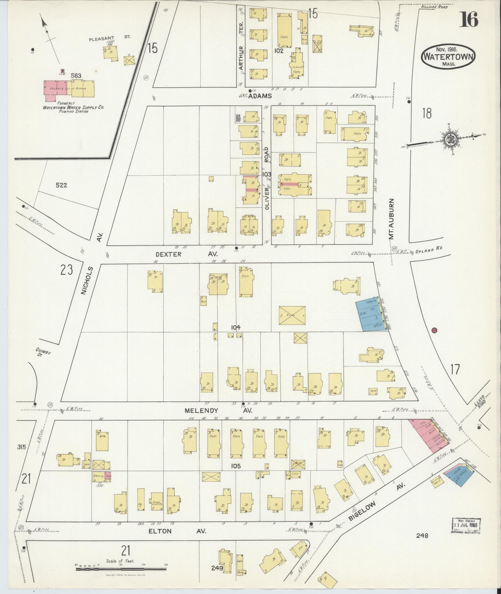 Sanborn Fire Insurance Map from Watertown, Middlesex County, Massachusetts (1916), Sheet #0016 - Complete Map Set gallery image, historic Sanborn map, vintage wall art, Massachusetts Massachusetts