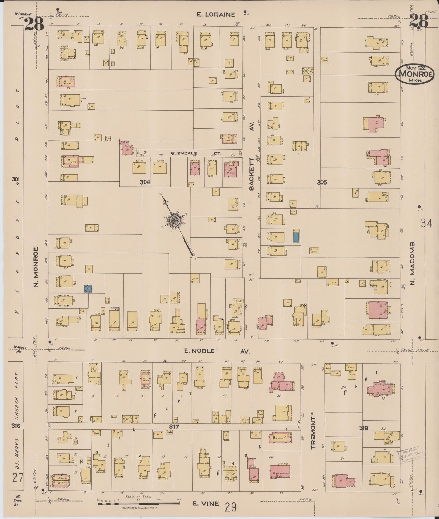 Sanborn Fire Insurance Map from Monroe, Monroe County, Michigan (1922), Sheet #0028 - Historic Sanborn Fire Insurance Map Print, vintage old map wall art, antique decor, genealogy gift, Michigan Michigan map
