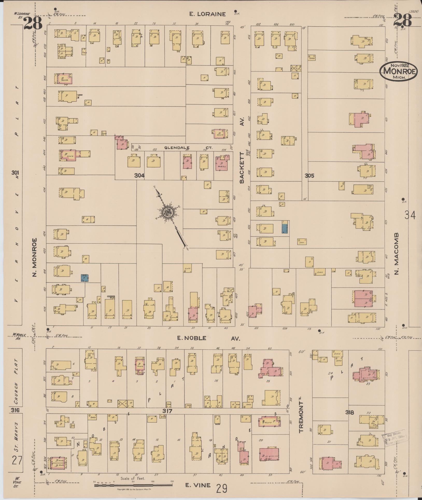 Sanborn Fire Insurance Map from Monroe, Monroe County, Michigan (1922), Sheet #0028 - Historic Sanborn Fire Insurance Map Print, vintage old map wall art, antique decor, genealogy gift, Michigan Michigan map