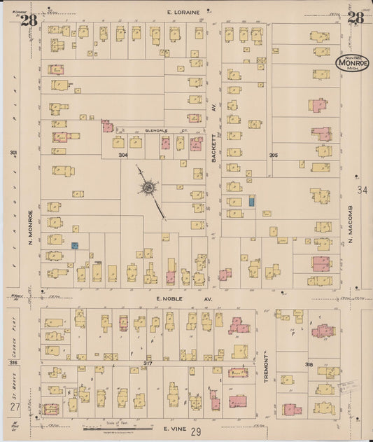 Sanborn Fire Insurance Map from Monroe, Monroe County, Michigan (1922), Sheet #0028 - Historic Sanborn Fire Insurance Map Print, vintage old map wall art, antique decor, genealogy gift, Michigan Michigan map