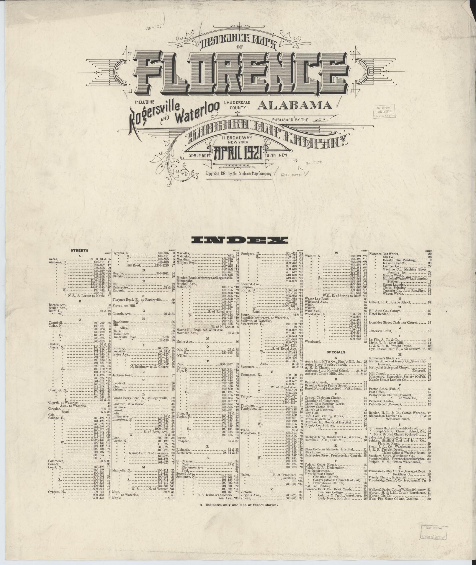 Sanborn Fire Insurance Map from Florence, Lauderdale County, Alabama (1921), Sheet #0001 - Historic Sanborn Fire Insurance Map Print, vintage old map wall art, antique decor, genealogy gift, Alabama Alabama map