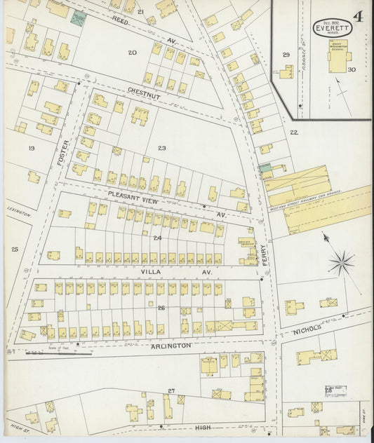 Sanborn Fire Insurance Map from Everett, Middlesex County, Massachusetts (1892), Sheet #0004 - Historic Sanborn Fire Insurance Map Print, vintage old map wall art, antique decor, genealogy gift, Massachusetts Massachusetts map
