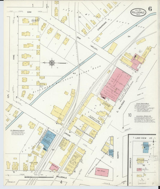 Sanborn Fire Insurance Map from Hillsdale, Hillsdale County, Michigan (1913), Sheet #0006 - Historic Sanborn Fire Insurance Map Print, vintage old map wall art, antique decor, genealogy gift, Michigan Michigan map