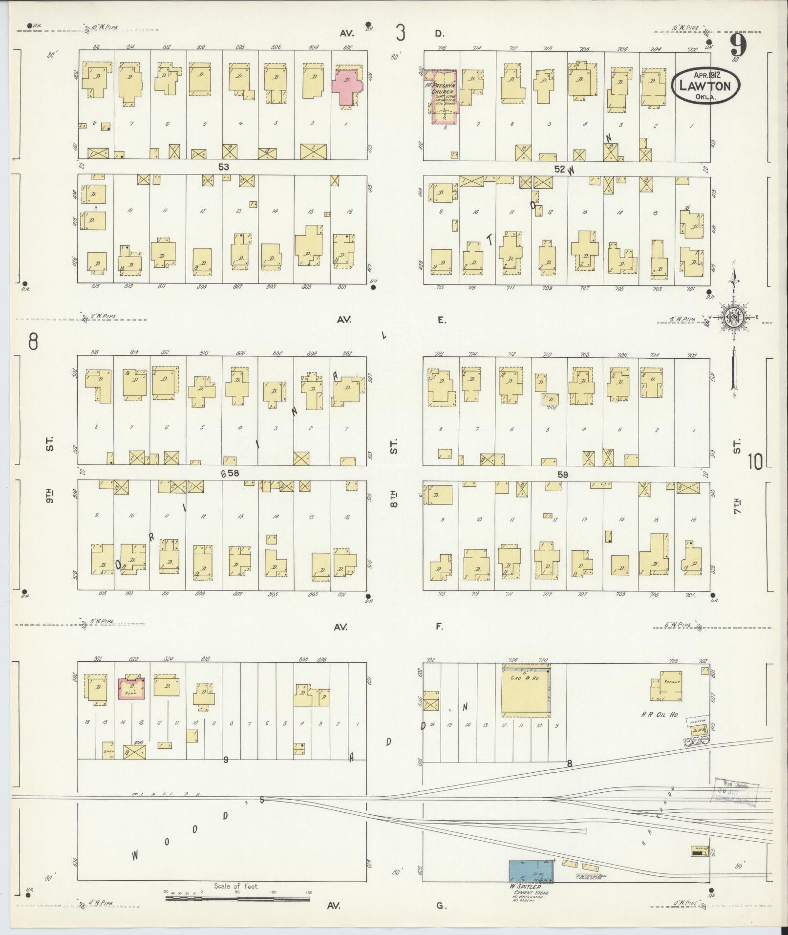 Sanborn Fire Insurance Map from Lawton, Comanche County, Oklahoma (1912), Sheet #0009 - Historic Sanborn Fire Insurance Map Print, vintage old map wall art, antique decor, genealogy gift, Oklahoma Oklahoma map