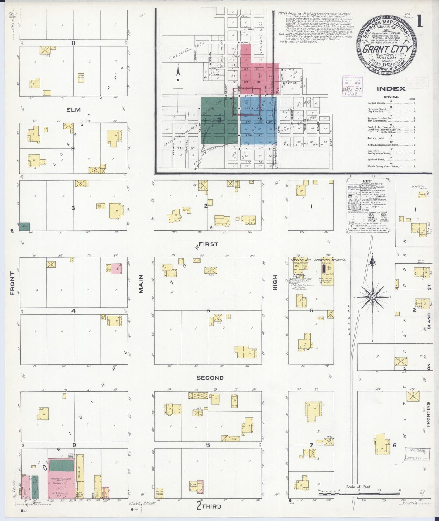Sanborn Fire Insurance Map from Grant City, Worth County, Missouri (1909), Sheet #0001 - Complete Map Set gallery image, historic Sanborn map, vintage wall art, Missouri Missouri