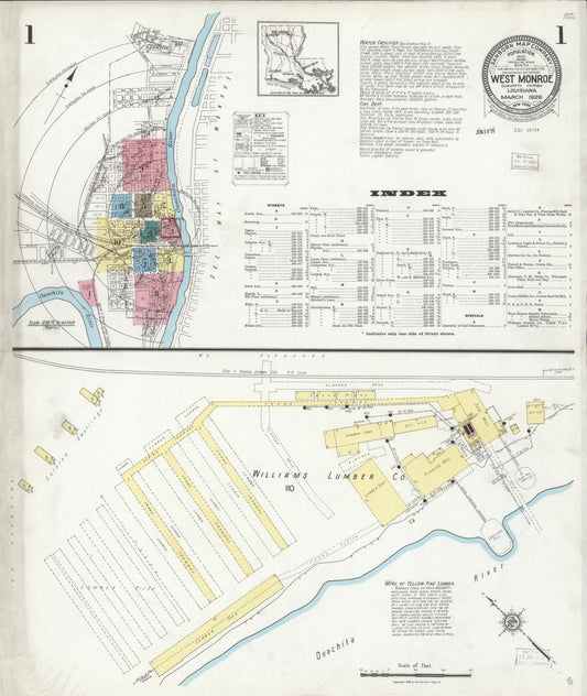 Sanborn Fire Insurance Map from West Monroe, Ouachita Parish, Louisiana (1926), Sheet #0001 - Historic Sanborn Fire Insurance Map Print, vintage old map wall art, antique decor, genealogy gift, Louisiana Louisiana map