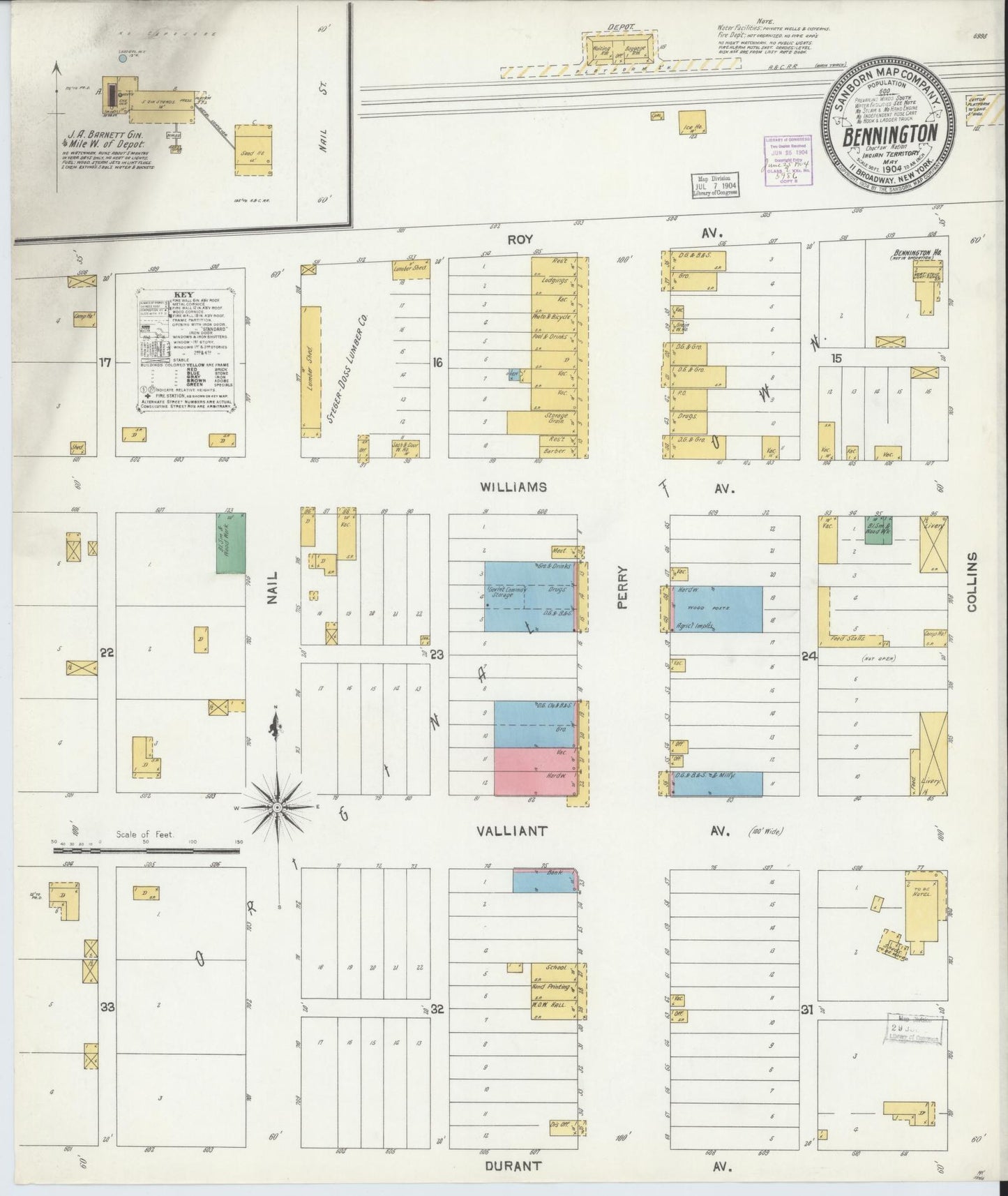 Sanborn Fire Insurance Map from Bennington, Bryan County, Oklahoma (1904), Sheet #0001 - Historic Sanborn Fire Insurance Map Print, vintage old map wall art, antique decor, genealogy gift, Oklahoma Oklahoma map