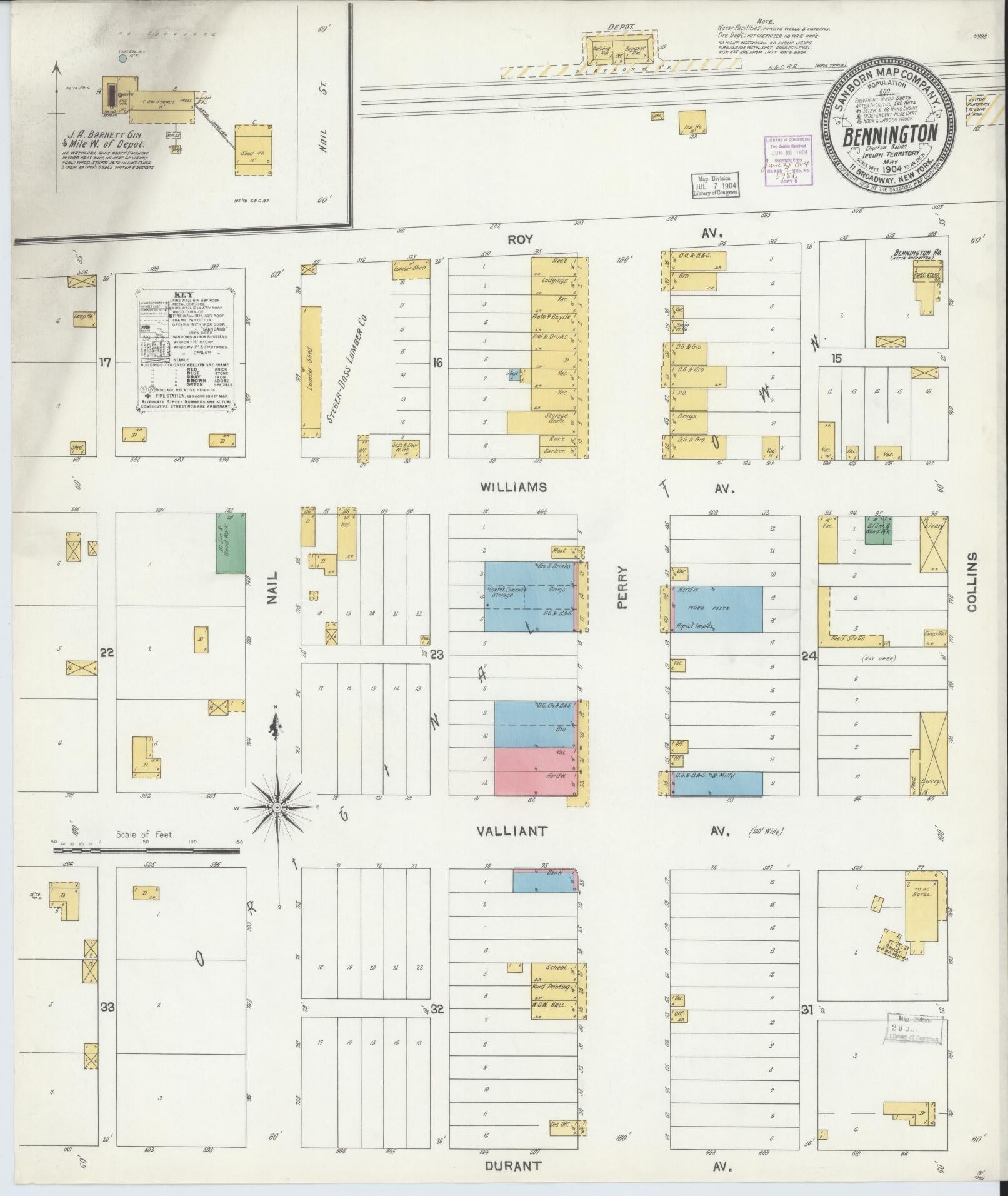 Sanborn Fire Insurance Map from Bennington, Bryan County, Oklahoma (1904), Sheet #0001 - Historic Sanborn Fire Insurance Map Print, vintage old map wall art, antique decor, genealogy gift, Oklahoma Oklahoma map