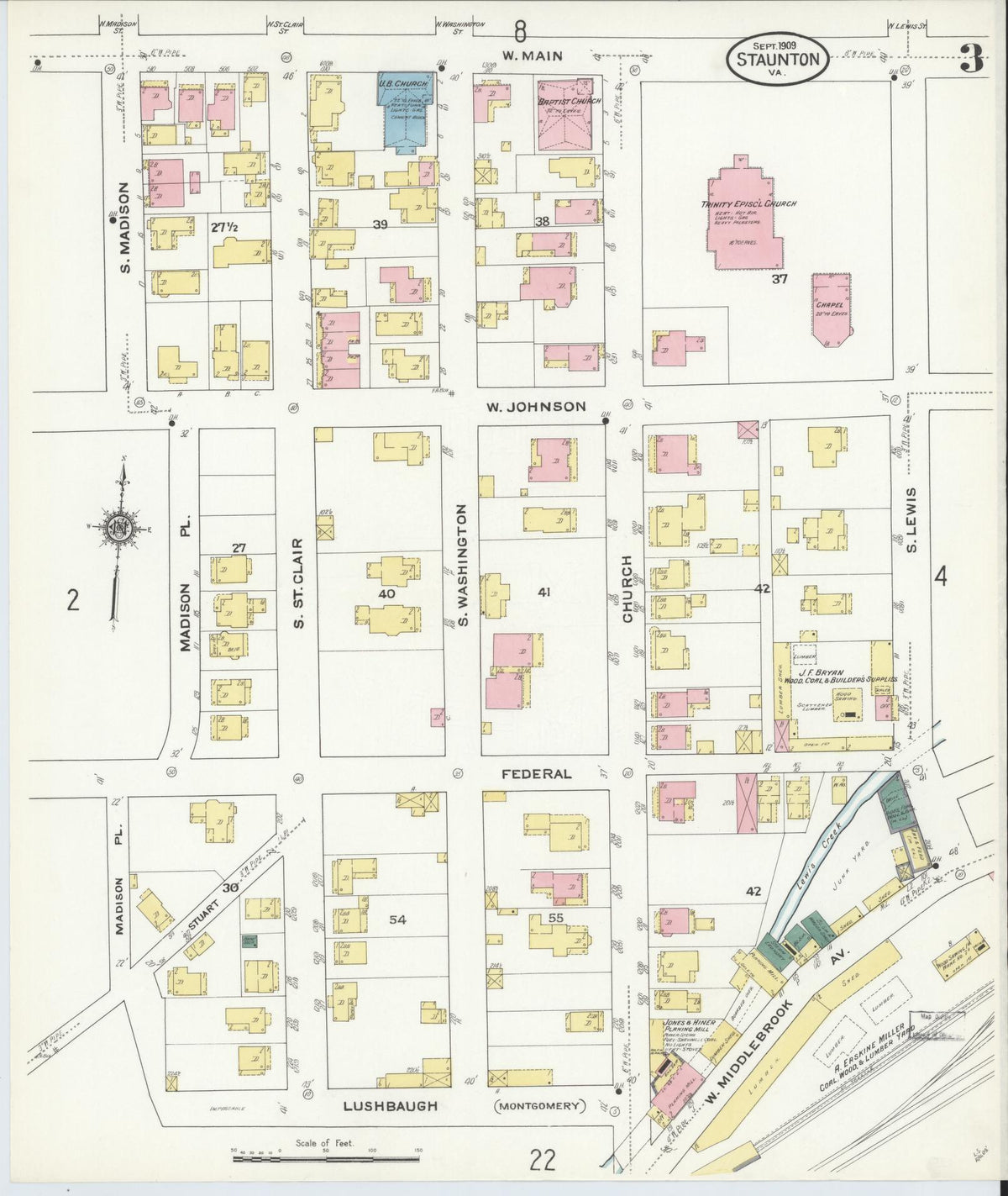 Sanborn Fire Insurance Map from Staunton, Independent Cities, Virginia (1909), Sheet #0003 - Historic Sanborn Fire Insurance Map Print, vintage old map wall art, antique decor, genealogy gift, Virginia Virginia map