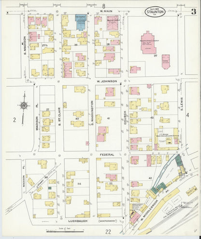 Sanborn Fire Insurance Map from Staunton, Independent Cities, Virginia (1909), Sheet #0003 - Historic Sanborn Fire Insurance Map Print, vintage old map wall art, antique decor, genealogy gift, Virginia Virginia map