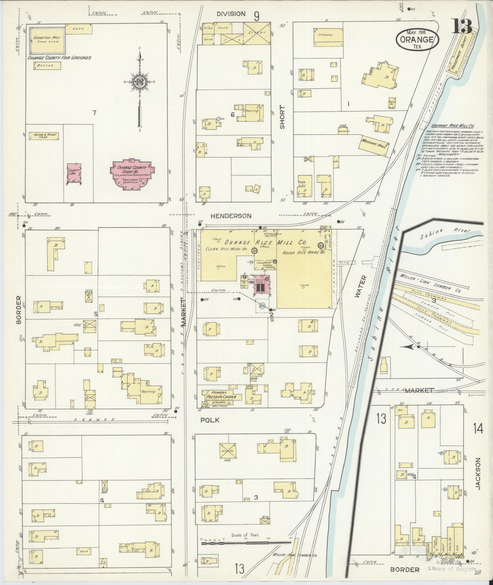 Sanborn Fire Insurance Map from Orange, Orange County, Texas (1914), Sheet #0013 - Historic Sanborn Fire Insurance Map Print, vintage old map wall art, antique decor, genealogy gift, Texas Texas map