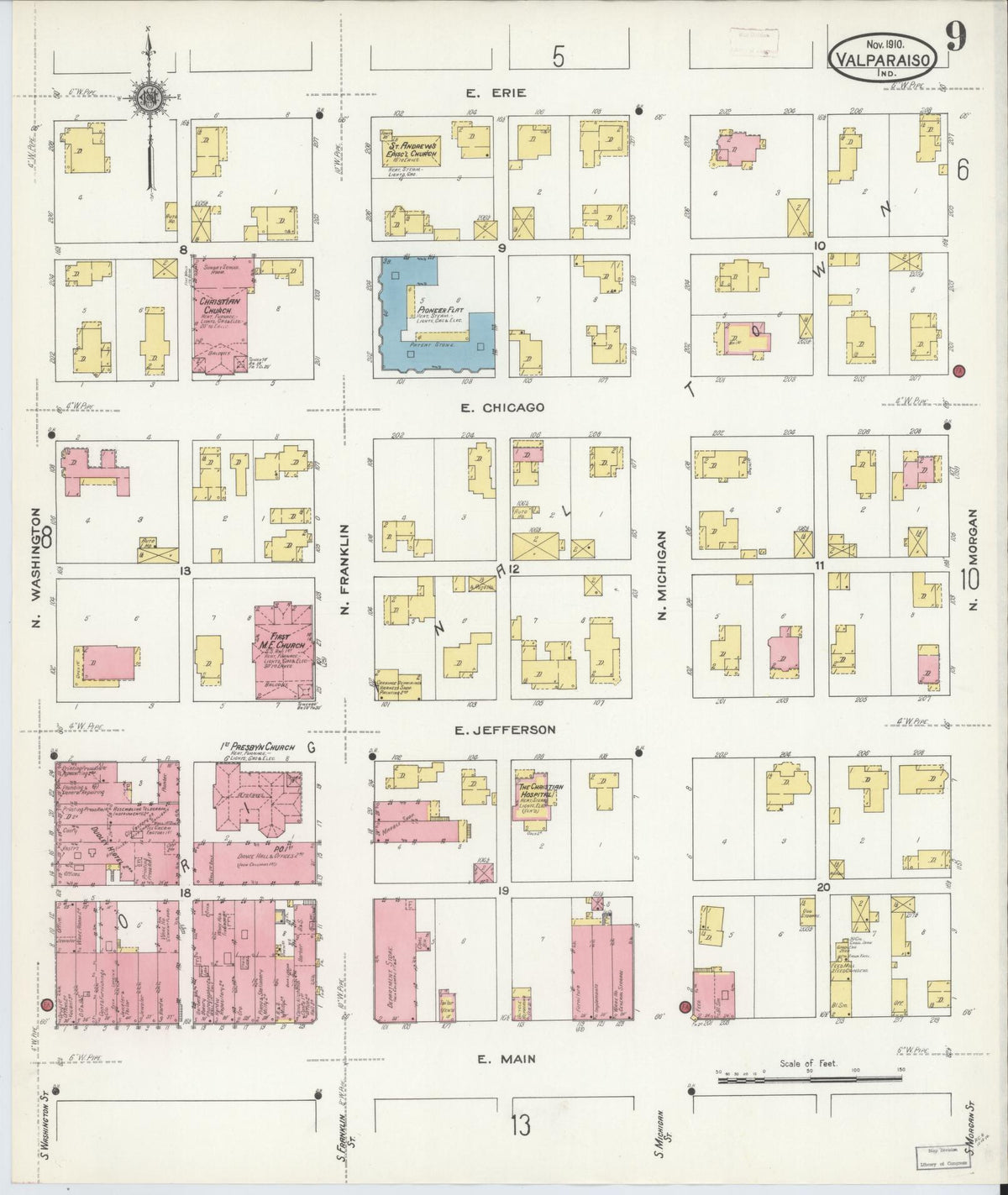Sanborn Fire Insurance Map from Valparaiso, Porter County, Indiana (1910), Sheet #0009 - Historic Sanborn Fire Insurance Map Print, vintage old map wall art, antique decor, genealogy gift, Indiana Indiana map