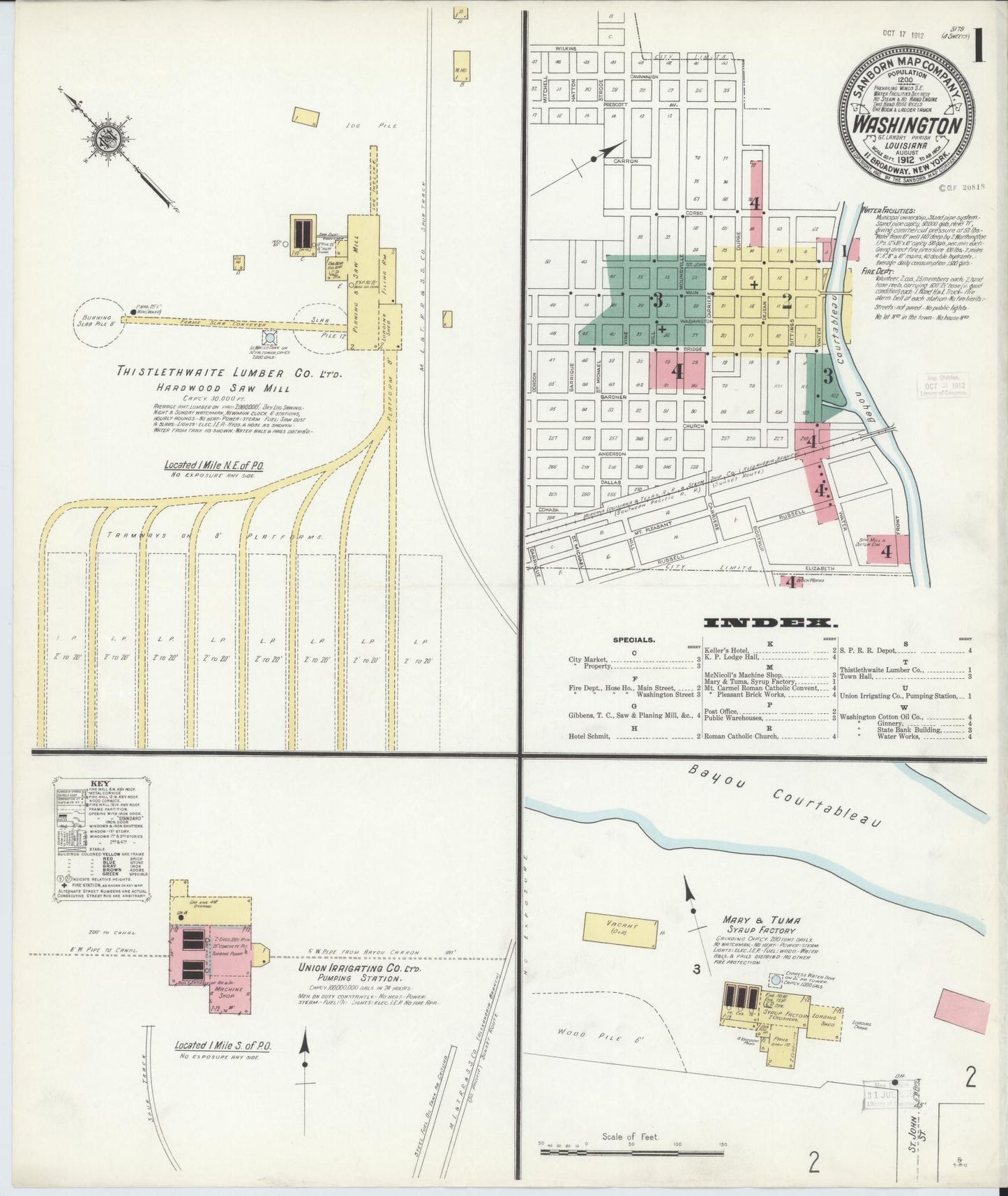 Sanborn Fire Insurance Map from Washington, Saint Landry Parish, Louisiana (1912), Sheet #0001 - Historic Sanborn Fire Insurance Map Print, vintage old map wall art, antique decor, genealogy gift, Washington Washington map