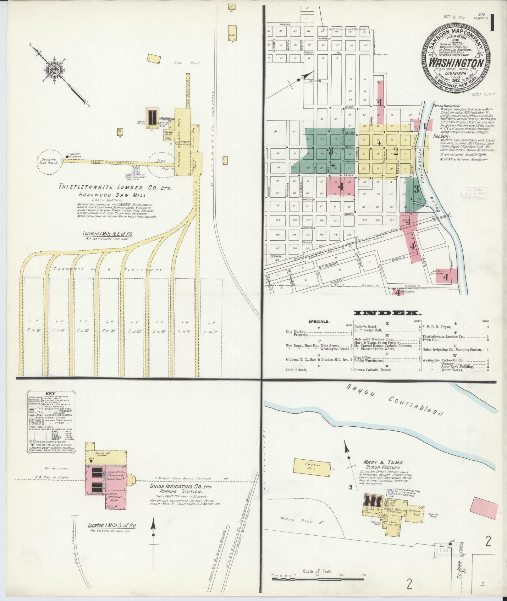Sanborn Fire Insurance Map from Washington, Saint Landry Parish, Louisiana (1912), Sheet #0001 - Historic Sanborn Fire Insurance Map Print, vintage old map wall art, antique decor, genealogy gift, Washington Washington map