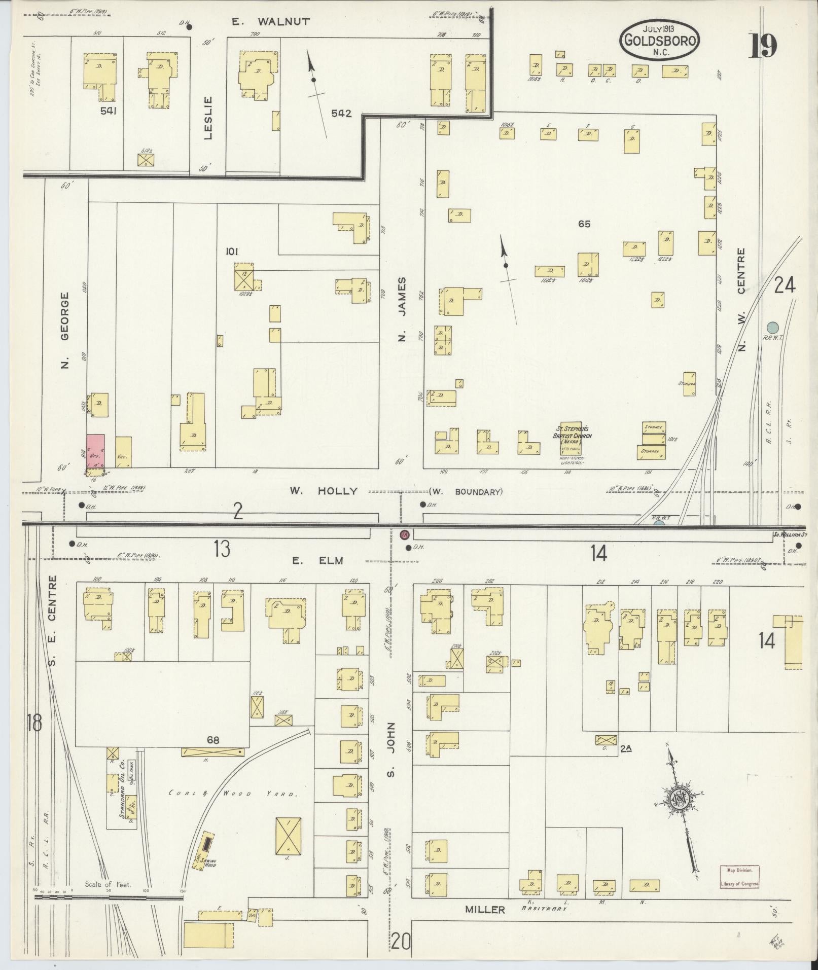 Sanborn Fire Insurance Map from Goldsboro, Wayne County, North Carolina (1913), Sheet #0019 - Complete Map Set gallery image, historic Sanborn map, vintage wall art, North Carolina North Carolina