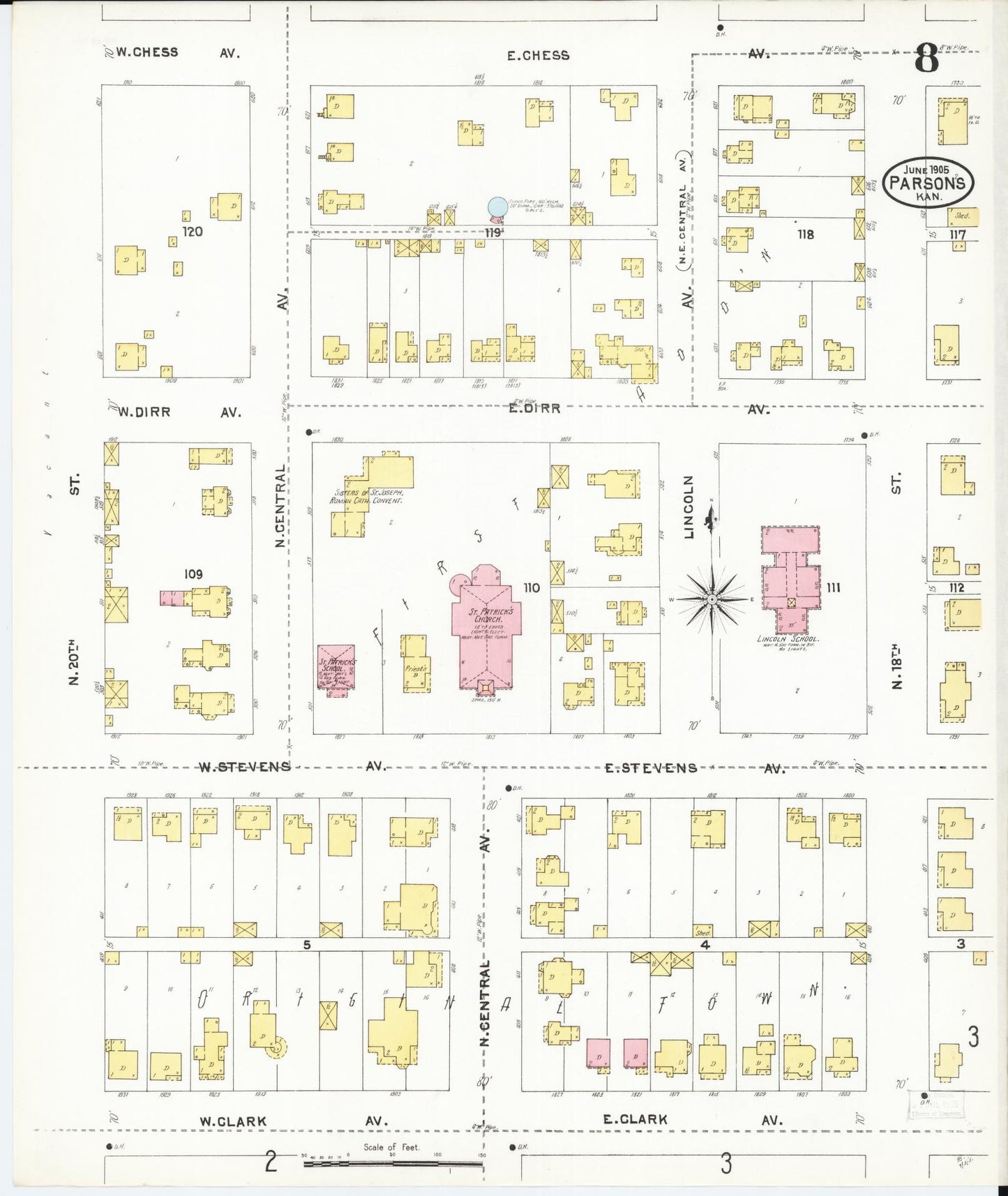 Sanborn Fire Insurance Map from Parsons, Labette County, Kansas (1905), Sheet #0008 - Complete Map Set gallery image, historic Sanborn map, vintage wall art, Kansas Kansas