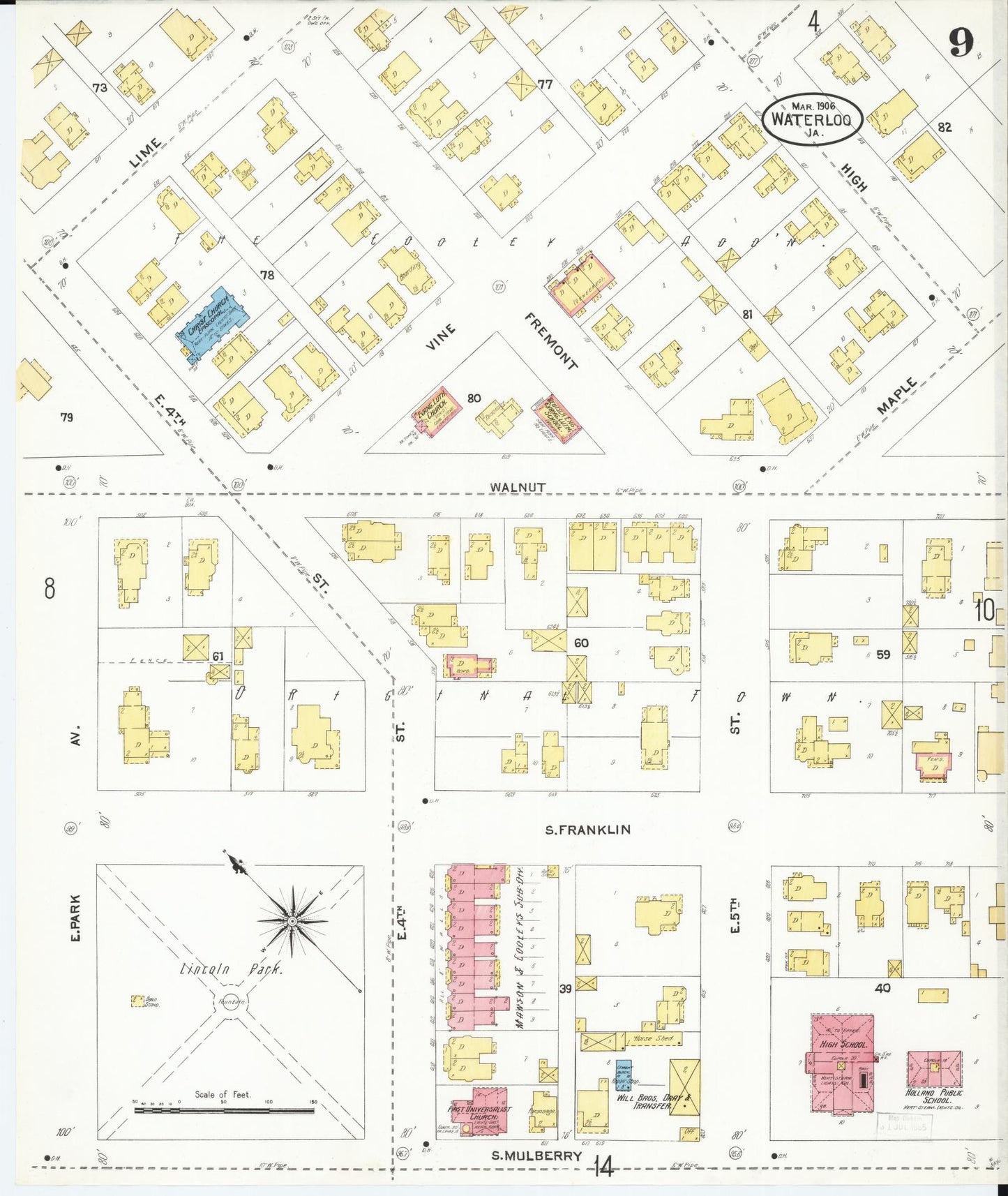 Sanborn Fire Insurance Map from Waterloo, Black Hawk County, Iowa (1906), Sheet #0009 - Historic Sanborn Fire Insurance Map Print, vintage old map wall art