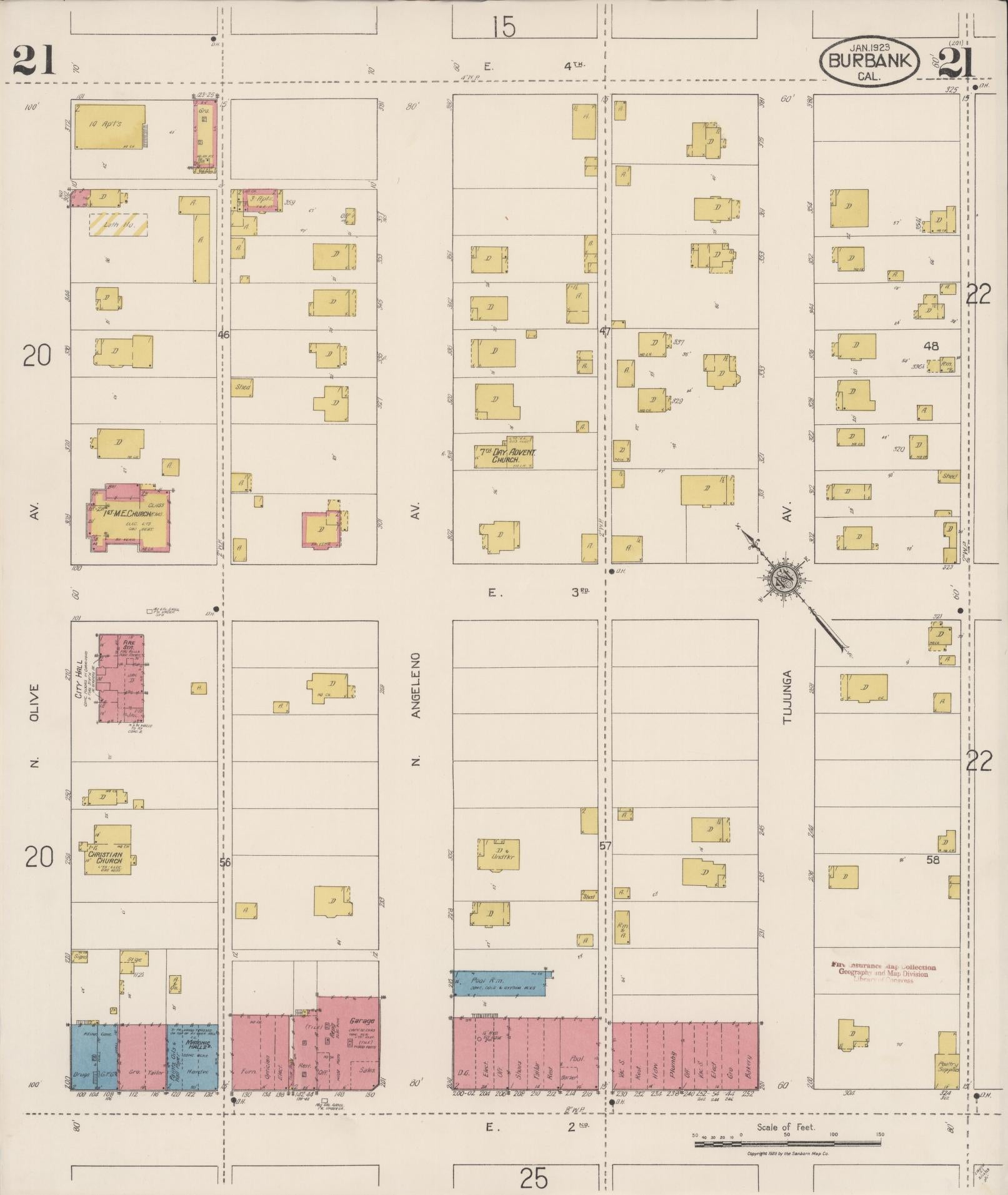 Sanborn Fire Insurance Map from Burbank, Los Angeles County, California (1923), Sheet #0021 - Historic Sanborn Fire Insurance Map Print, vintage old map wall art, antique decor, genealogy gift, California California map