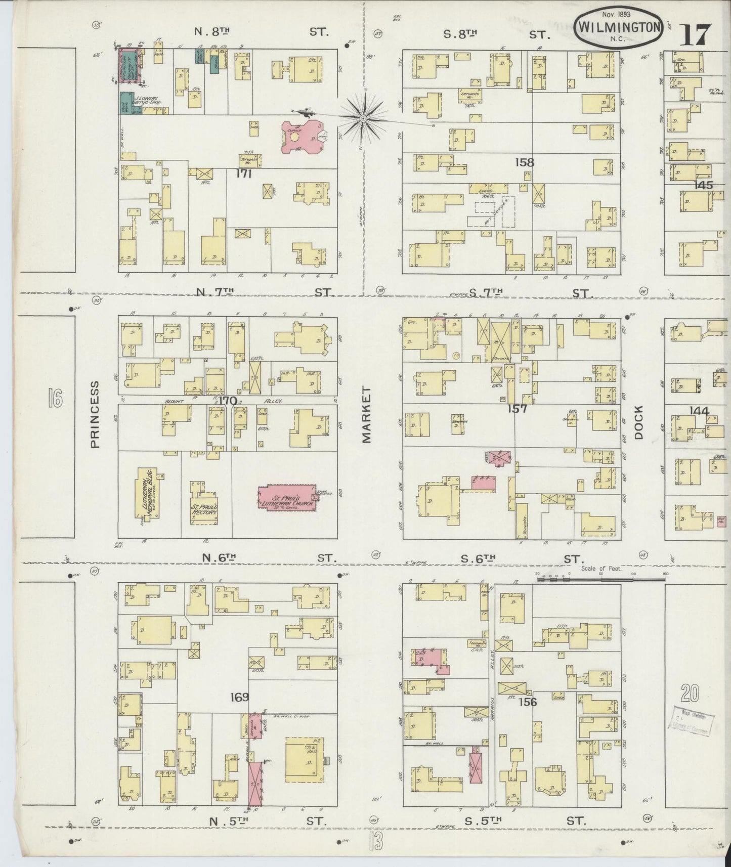 Sanborn Fire Insurance Map from Wilmington, New Hanover County, North Carolina (1893), Sheet #0017 - Complete Map Set gallery image, historic Sanborn map, vintage wall art, North Carolina North Carolina