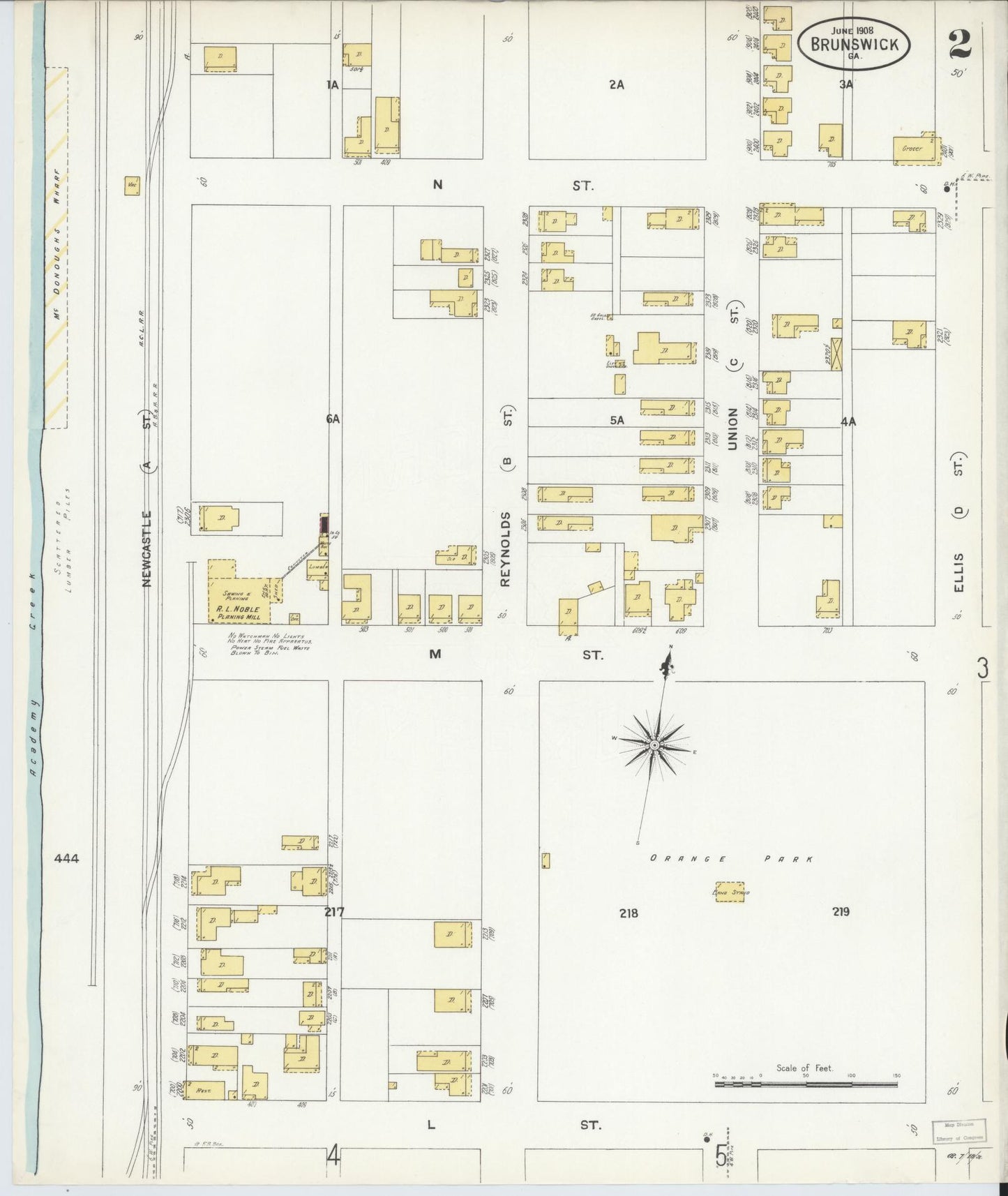 Sanborn Fire Insurance Map from Brunswick, Glynn County, Georgia (1908), Sheet #0002 - Historic Sanborn Fire Insurance Map Print, vintage old map wall art, antique decor, genealogy gift, Georgia Georgia map
