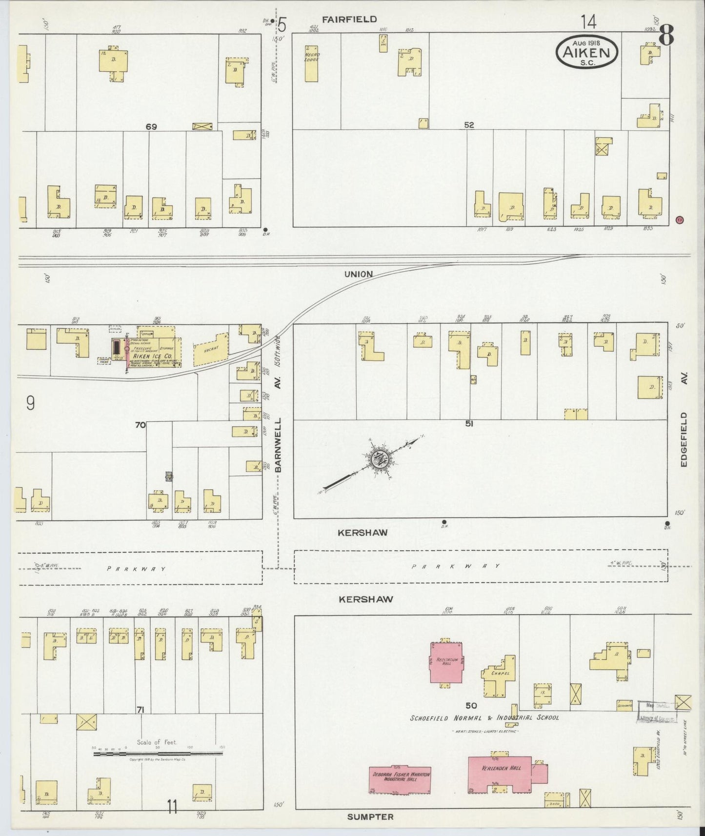 Sanborn Fire Insurance Map from Aiken, Aiken County, South Carolina (1918), Sheet #0008 - Complete Map Set gallery image, historic Sanborn map, vintage wall art, South Carolina South Carolina