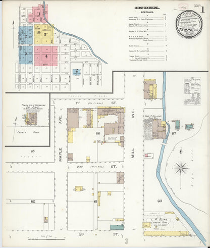 Sanborn Fire Insurance Map from Tempe, Maricopa County, Arizona (1893), Sheet #0001 - Complete Map Set gallery image, historic Sanborn map, vintage wall art, Arizona Arizona
