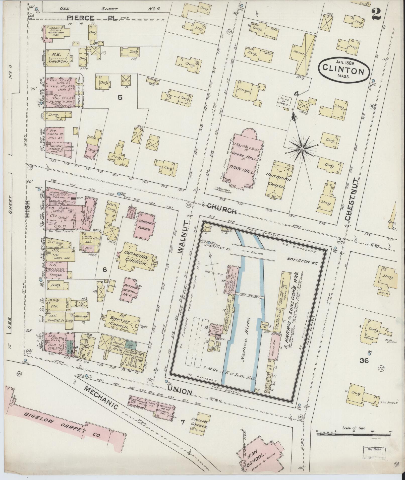 Sanborn Fire Insurance Map from Clinton, Worcester County, Massachusetts (1888), Sheet #0002 - Historic Sanborn Fire Insurance Map Print, vintage old map wall art, antique decor, genealogy gift, Massachusetts Massachusetts map