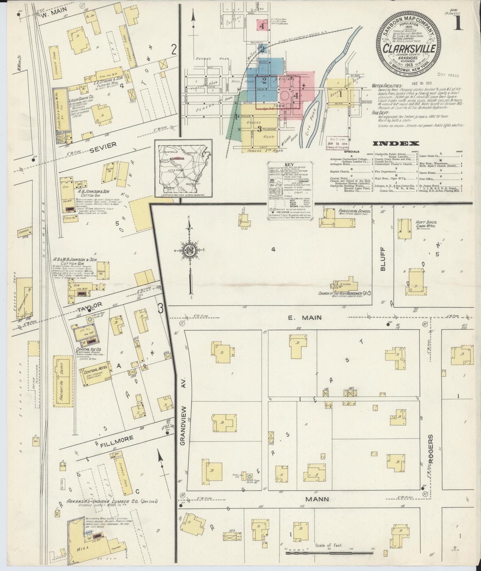 Sanborn Fire Insurance Map from Clarksville, Johnson County, Arkansas (1913), Sheet #0001 - Complete Map Set gallery image, historic Sanborn map, vintage wall art, Arkansas Arkansas
