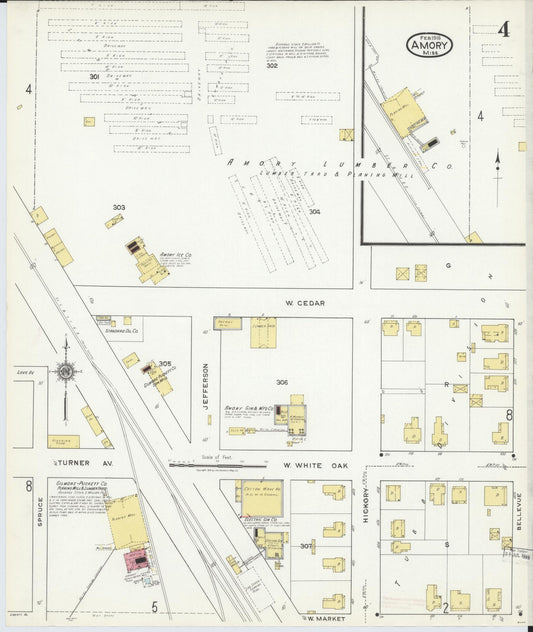 Sanborn Fire Insurance Map from Amory, Monroe County, Mississippi (1918), Sheet #0004 - Historic Sanborn Fire Insurance Map Print, vintage old map wall art, antique decor, genealogy gift, Mississippi Mississippi map