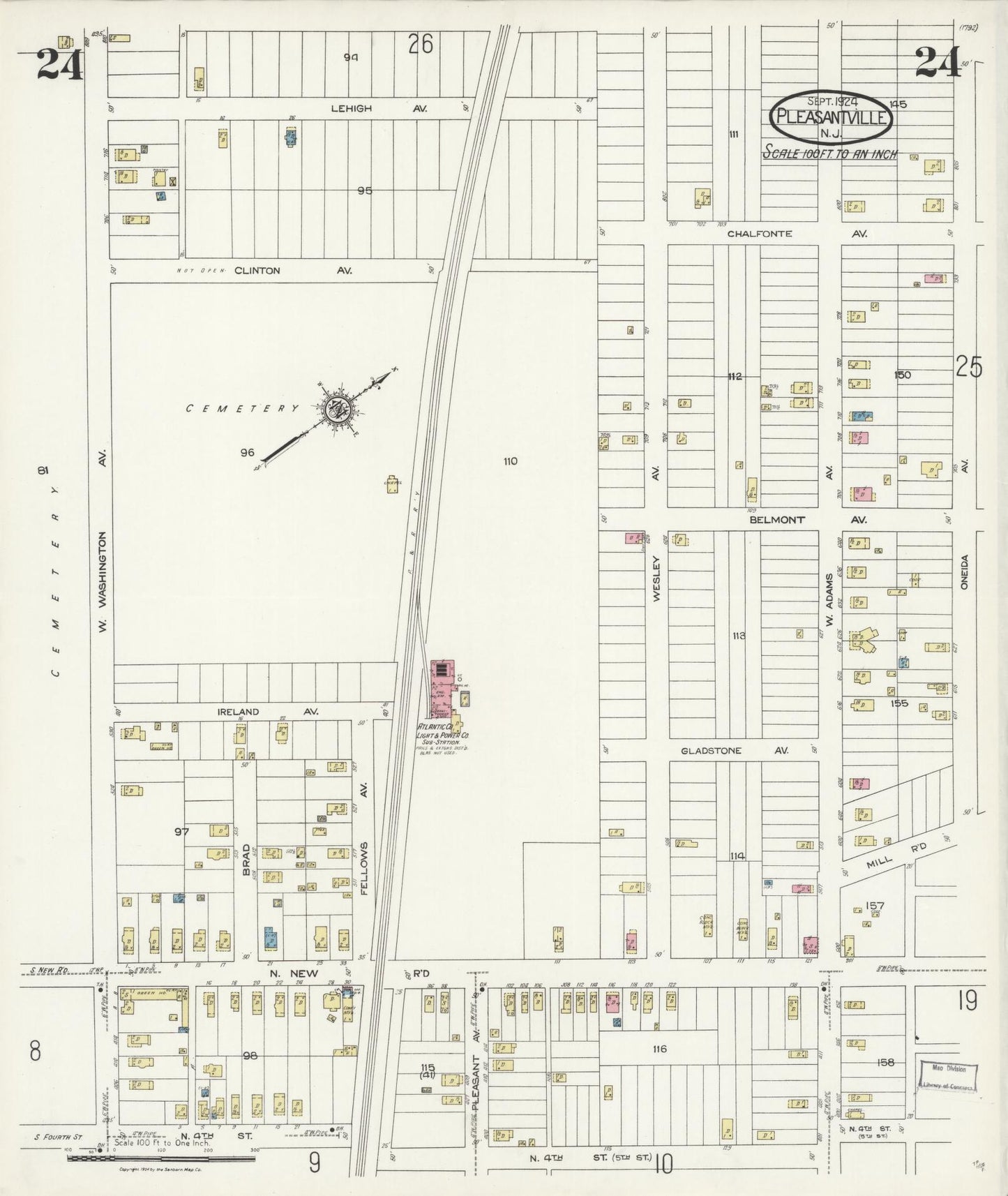 Sanborn Fire Insurance Map from Pleasantville, Atlantic County, New Jersey (1924), Sheet #0024 - Historic Sanborn Fire Insurance Map Print, vintage old map wall art, antique decor, genealogy gift, New Jersey New Jersey map