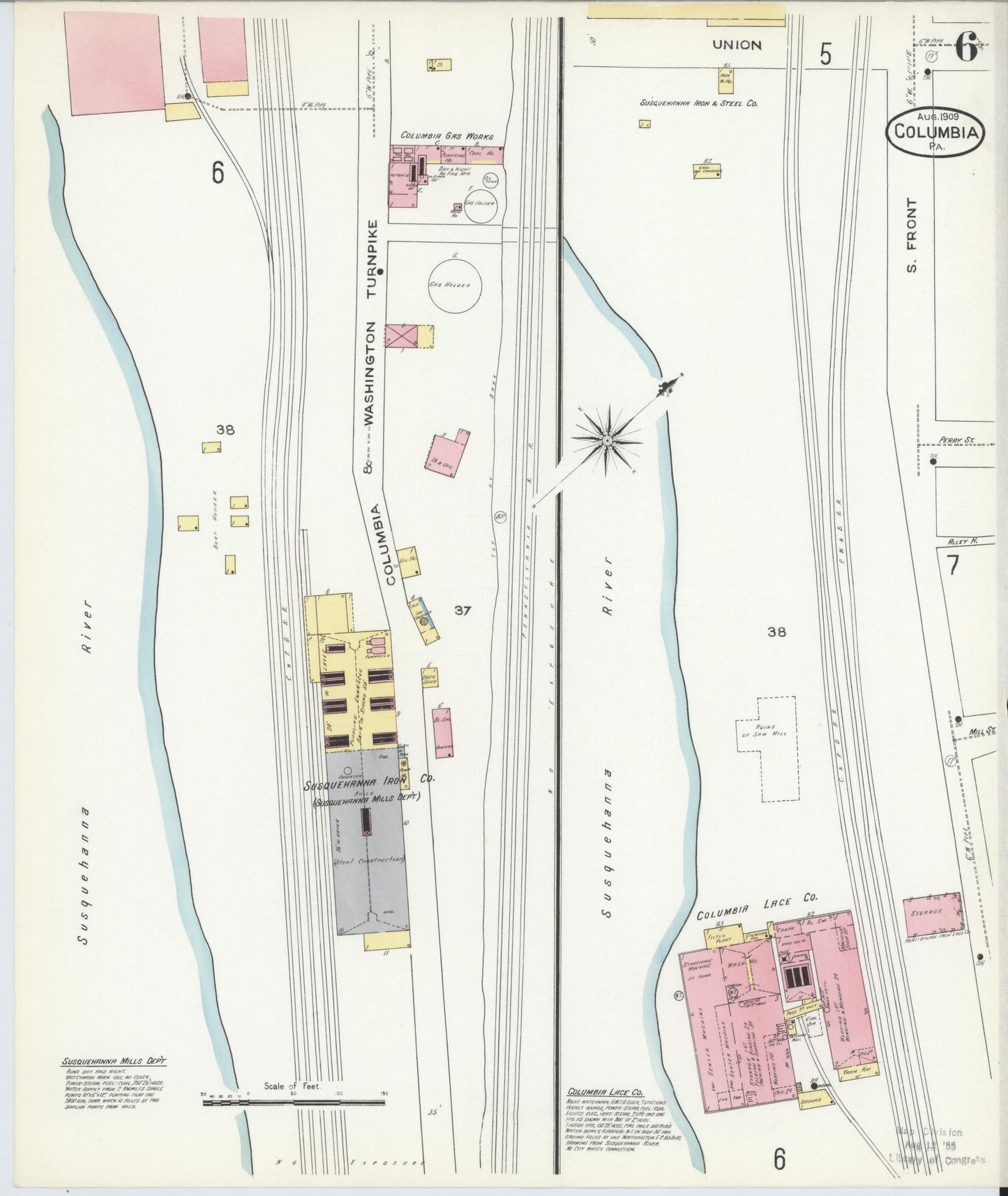 Sanborn Fire Insurance Map from Columbia, Lancaster County, Pennsylvania (1909), Sheet #0006 - Historic Sanborn Fire Insurance Map Print, vintage old map wall art, antique decor, genealogy gift, Pennsylvania Pennsylvania map