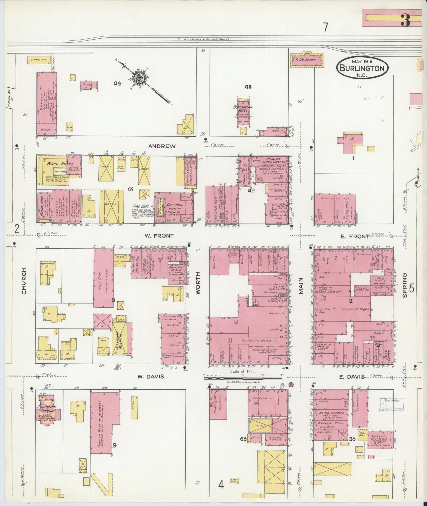 Sanborn Fire Insurance Map from Burlington, Alamance County, North Carolina (1918), Sheet #0003 - Historic Sanborn Fire Insurance Map Print, vintage old map wall art, antique decor, genealogy gift, North Carolina North Carolina map