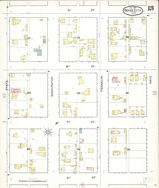 Sanborn Fire Insurance Map from Boise, Ada County, Idaho (1893), Sheet #0013 - Historic Sanborn Fire Insurance Map Print, vintage old map wall art, antique decor, genealogy gift, Idaho Idaho map