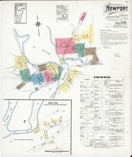 Sanborn Fire Insurance Map from Newport, Orleans County, Vermont (1919), Sheet #0001 - Historic Sanborn Fire Insurance Map Print, vintage old map wall art, antique decor, genealogy gift, Vermont Vermont map