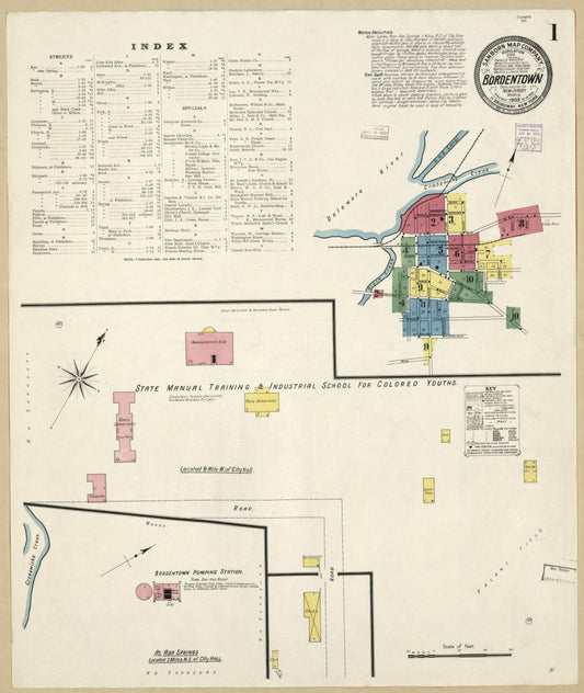 Sanborn Fire Insurance Map from Bordentown, Burlington County, New Jersey (1908), Sheet #0001 - Historic Sanborn Fire Insurance Map Print, vintage old map wall art, antique decor, genealogy gift, New Jersey New Jersey map