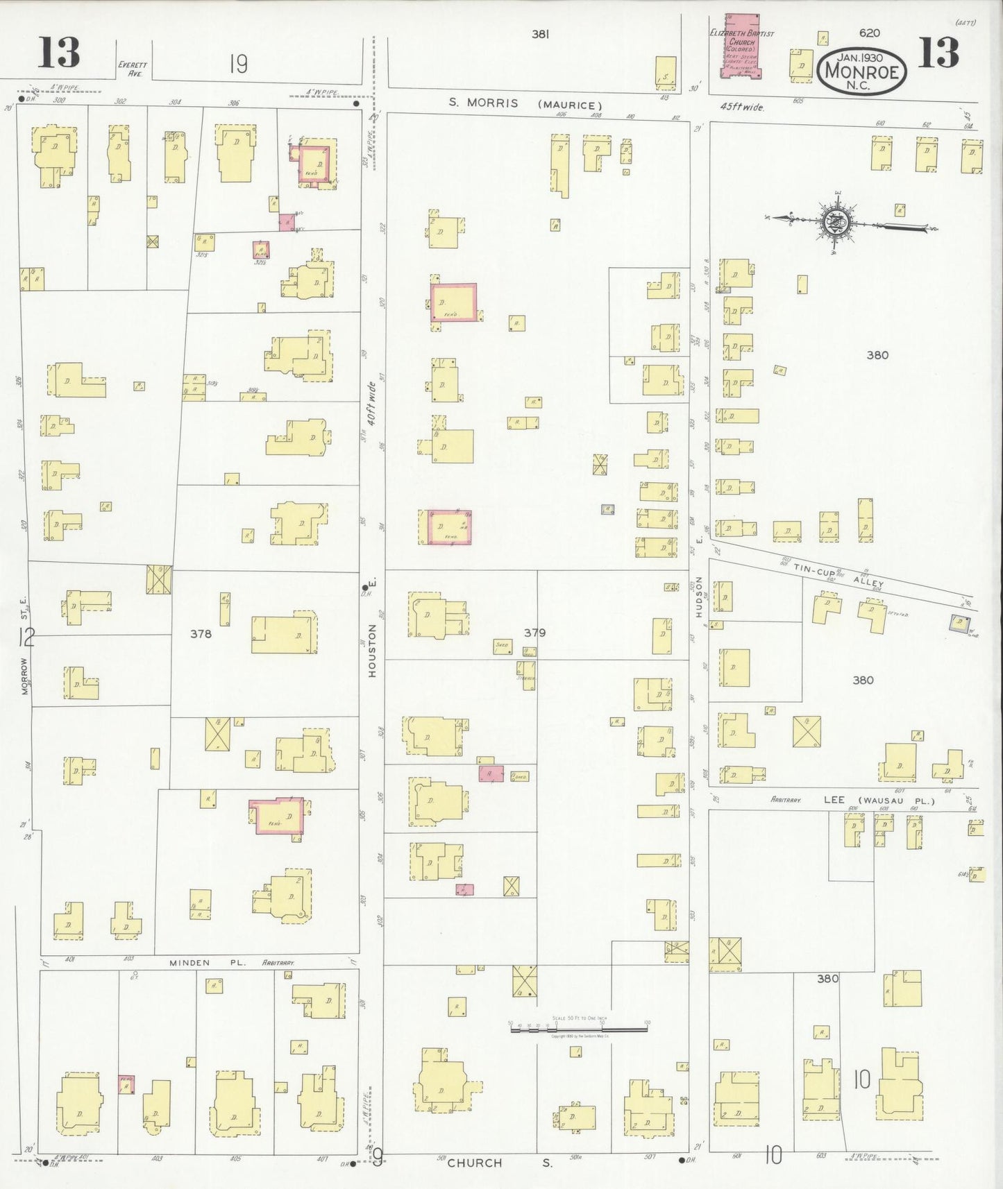 Sanborn Fire Insurance Map from Monroe, Union County, North Carolina (1930), Sheet #0013 - Complete Map Set gallery image, historic Sanborn map, vintage wall art, North Carolina North Carolina