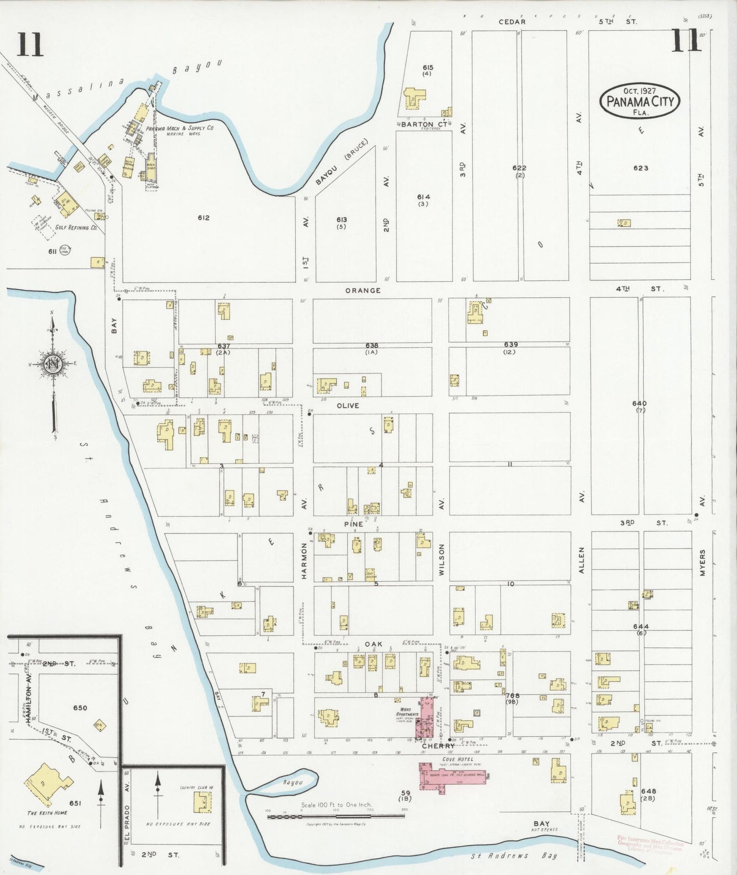 Sanborn Fire Insurance Map from Panama City, Bay County, Florida (1927), Sheet #0011 - Historic Sanborn Fire Insurance Map Print, vintage old map wall art, antique decor, genealogy gift, Florida Florida map