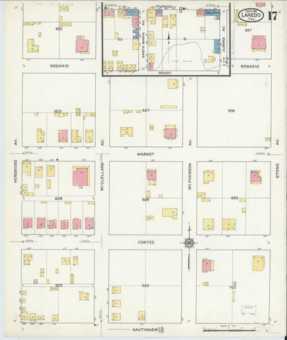 Sanborn Fire Insurance Map from Laredo, Webb County, Texas (1916), Sheet #0017 - Historic Sanborn Fire Insurance Map Print, vintage old map wall art, antique decor, genealogy gift, Texas Texas map