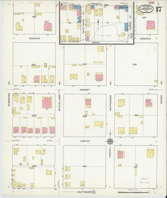 Sanborn Fire Insurance Map from Laredo, Webb County, Texas (1916), Sheet #0017 - Historic Sanborn Fire Insurance Map Print, vintage old map wall art, antique decor, genealogy gift, Texas Texas map