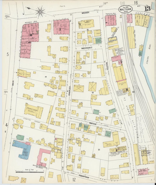 Sanborn Fire Insurance Map from Waltham, Middlesex County, Massachusetts (1903), Sheet #0013 - Historic Sanborn Fire Insurance Map Print, vintage old map wall art, antique decor, genealogy gift, Massachusetts Massachusetts map