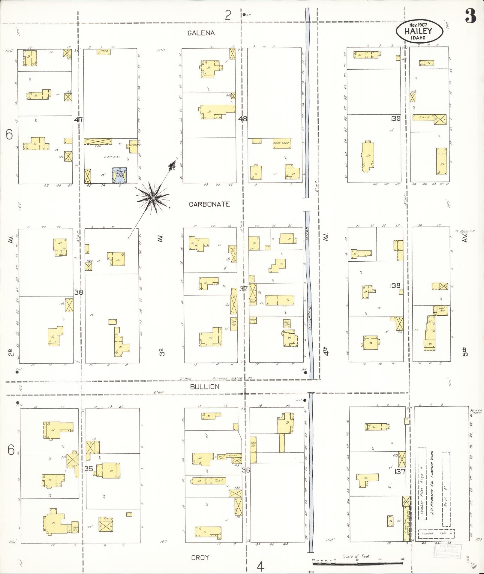 Sanborn Fire Insurance Map from Hailey, Blaine County, Idaho (1907), Sheet #0003 - Historic Sanborn Fire Insurance Map Print, vintage old map wall art, antique decor, genealogy gift, Idaho Idaho map