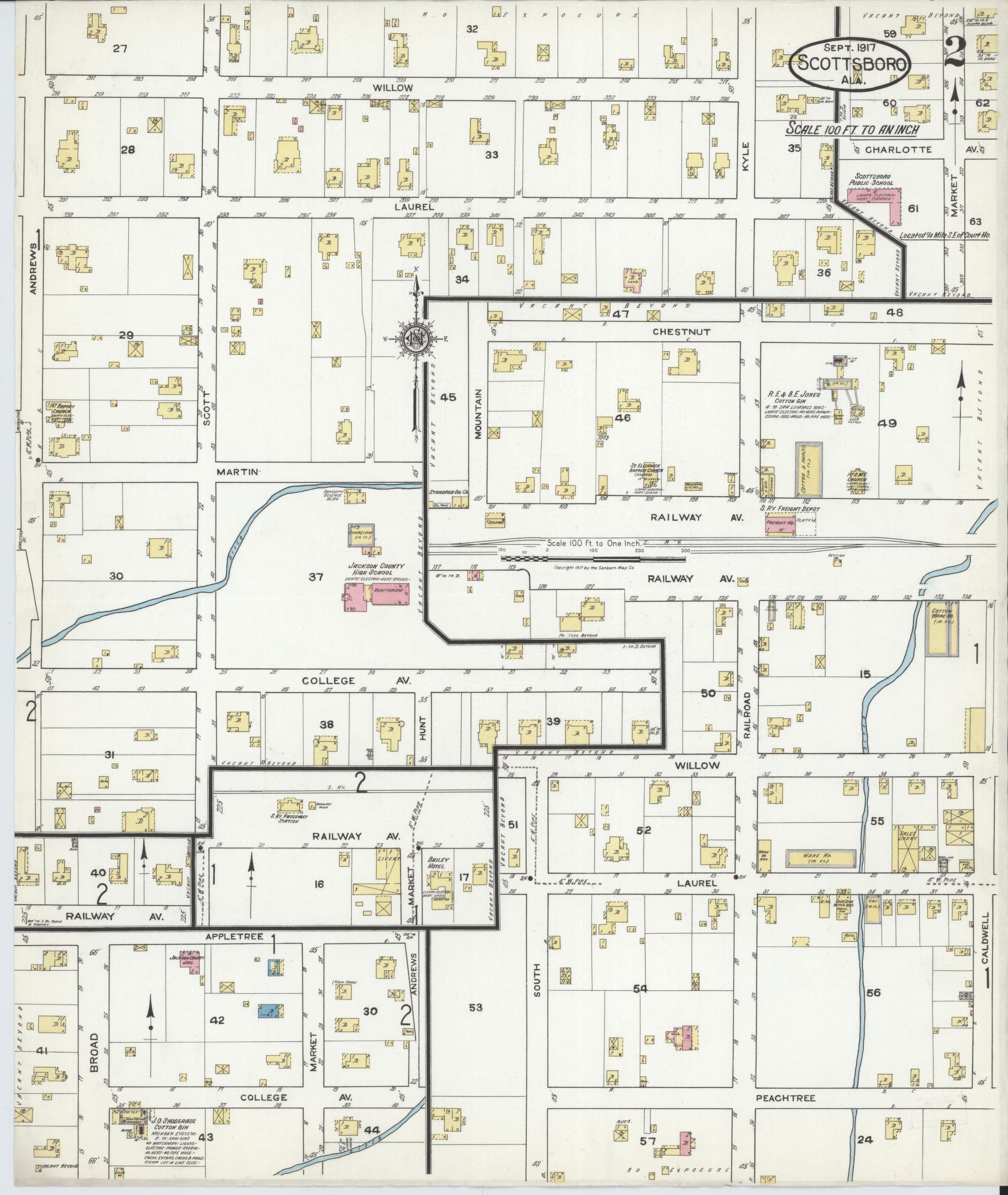 Sanborn Fire Insurance Map from Scottsboro, Jackson County, Alabama (1917), Sheet #0002 - Historic Sanborn Fire Insurance Map Print, vintage old map wall art, antique decor, genealogy gift, Alabama Alabama map