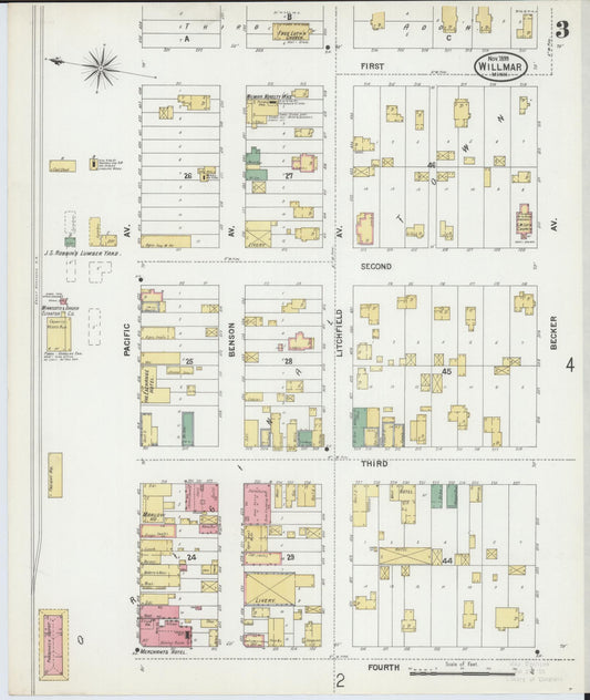 Sanborn Fire Insurance Map from Willmar, Kandiyohi County, Minnesota (1899), Sheet #0003 - Historic Sanborn Fire Insurance Map Print, vintage old map wall art, antique decor, genealogy gift, Minnesota Minnesota map