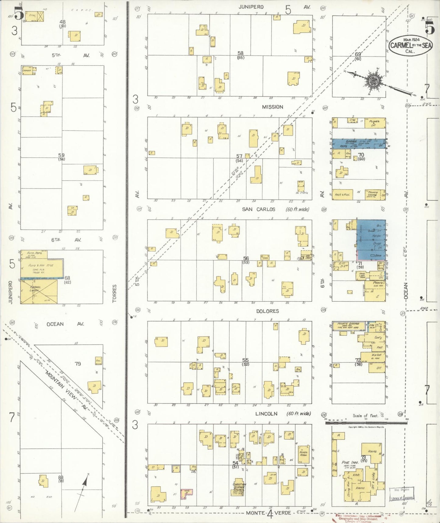 Sanborn Fire Insurance Map from Carmel By The Sea, Monterey County, California (1924), Sheet #0005 - Historic Sanborn Fire Insurance Map Print, vintage old map wall art, antique decor, genealogy gift, California California map