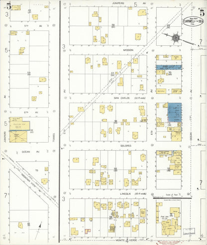 Sanborn Fire Insurance Map from Carmel By The Sea, Monterey County, California (1924), Sheet #0005 - Historic Sanborn Fire Insurance Map Print, vintage old map wall art, antique decor, genealogy gift, California California map