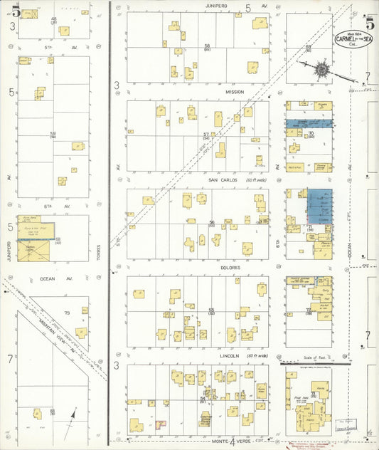 Sanborn Fire Insurance Map from Carmel By The Sea, Monterey County, California (1924), Sheet #0005 - Historic Sanborn Fire Insurance Map Print, vintage old map wall art, antique decor, genealogy gift, California California map