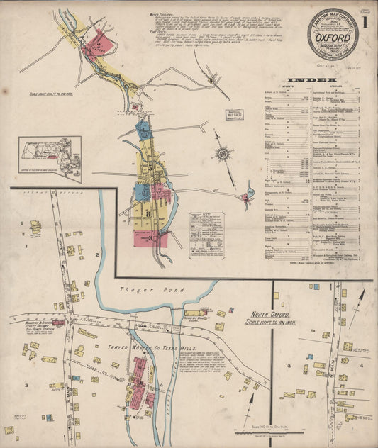 Sanborn Fire Insurance Map from Oxford, Worcester County, Massachusetts (1922), Sheet #0001 - Historic Sanborn Fire Insurance Map Print, vintage old map wall art, antique decor, genealogy gift, Massachusetts Massachusetts map