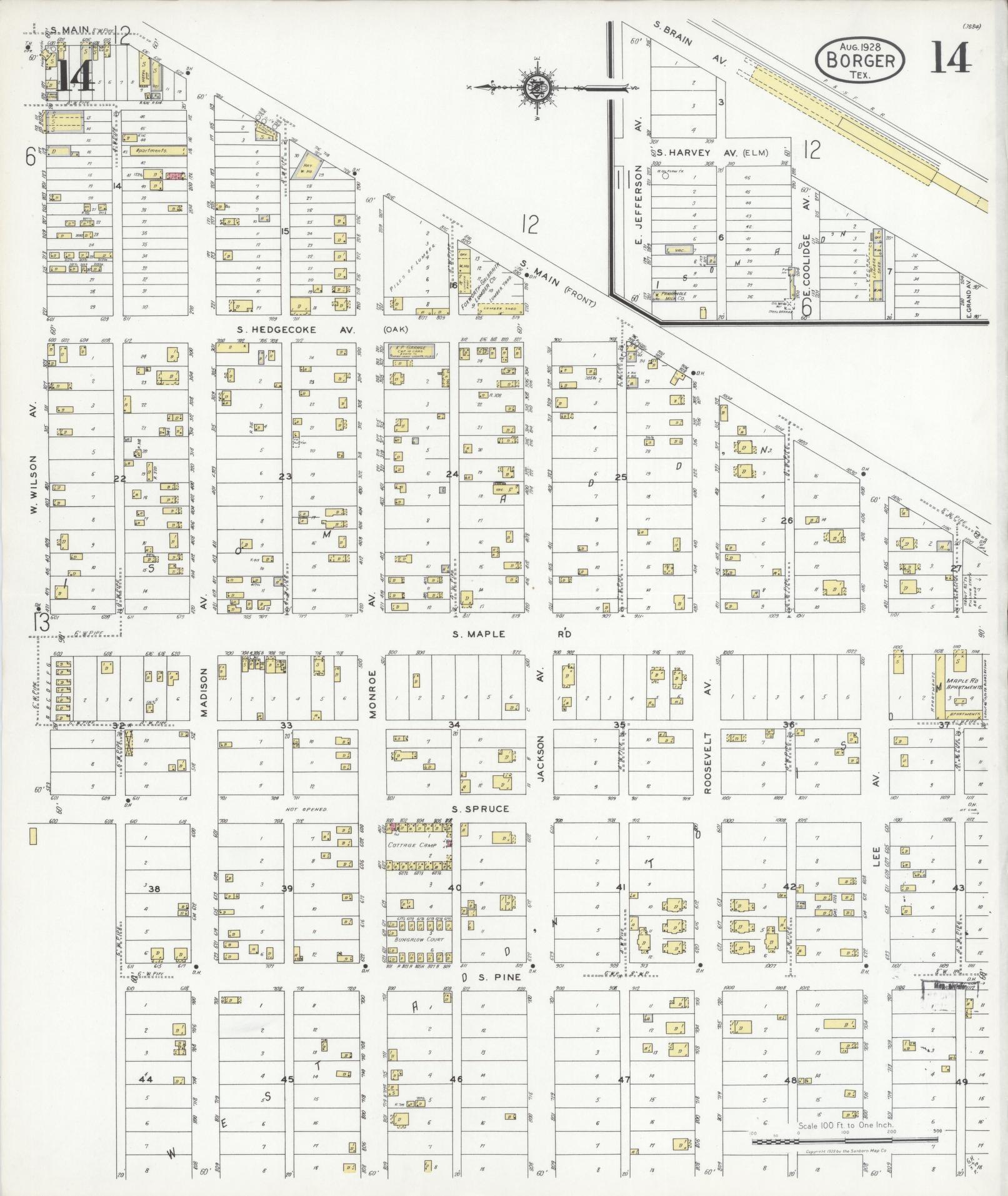 Sanborn Fire Insurance Map from Borger, Hutchinson County, Texas (1928), Sheet #0014 - Historic Sanborn Fire Insurance Map Print, vintage old map wall art, antique decor, genealogy gift, Texas Texas map